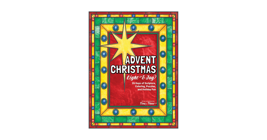 Home Picture of the book, Advent Christmas Light & Joy. It is red, green, and gold featuring stained glass motifs with white lettering.