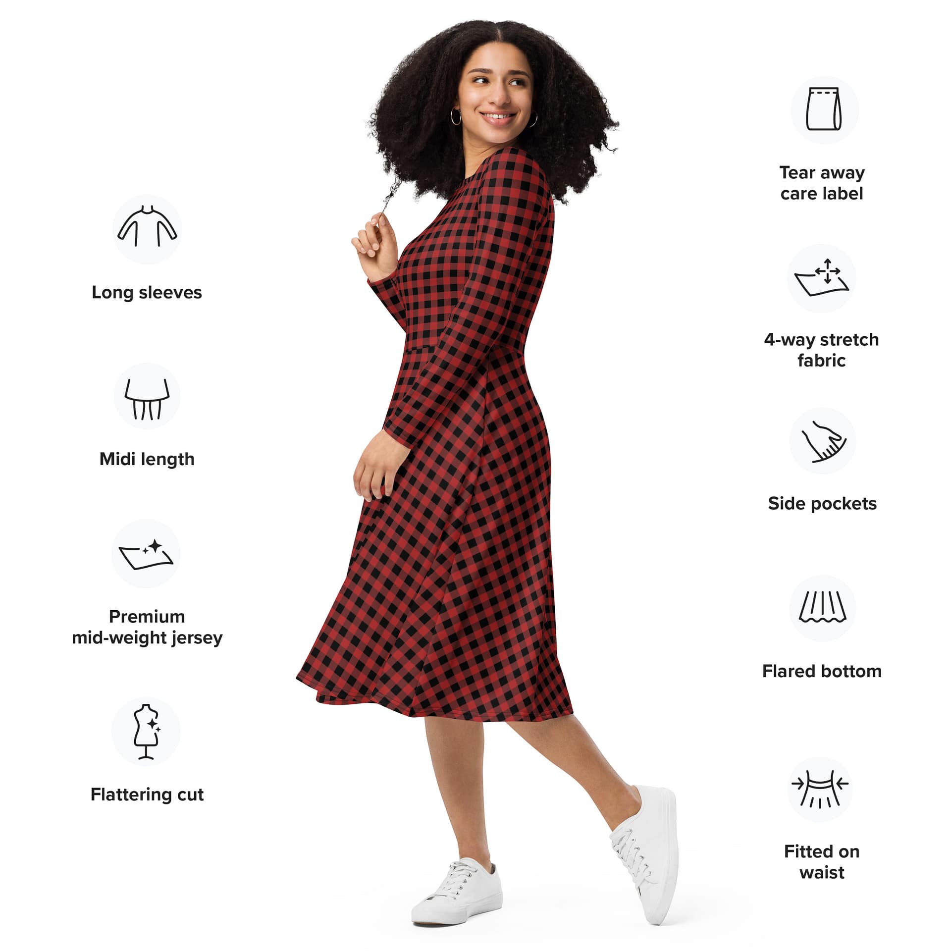 all over print long sleeve midi dress Ethnic lady in a red and black buffalo check dress wearing white sneakers.