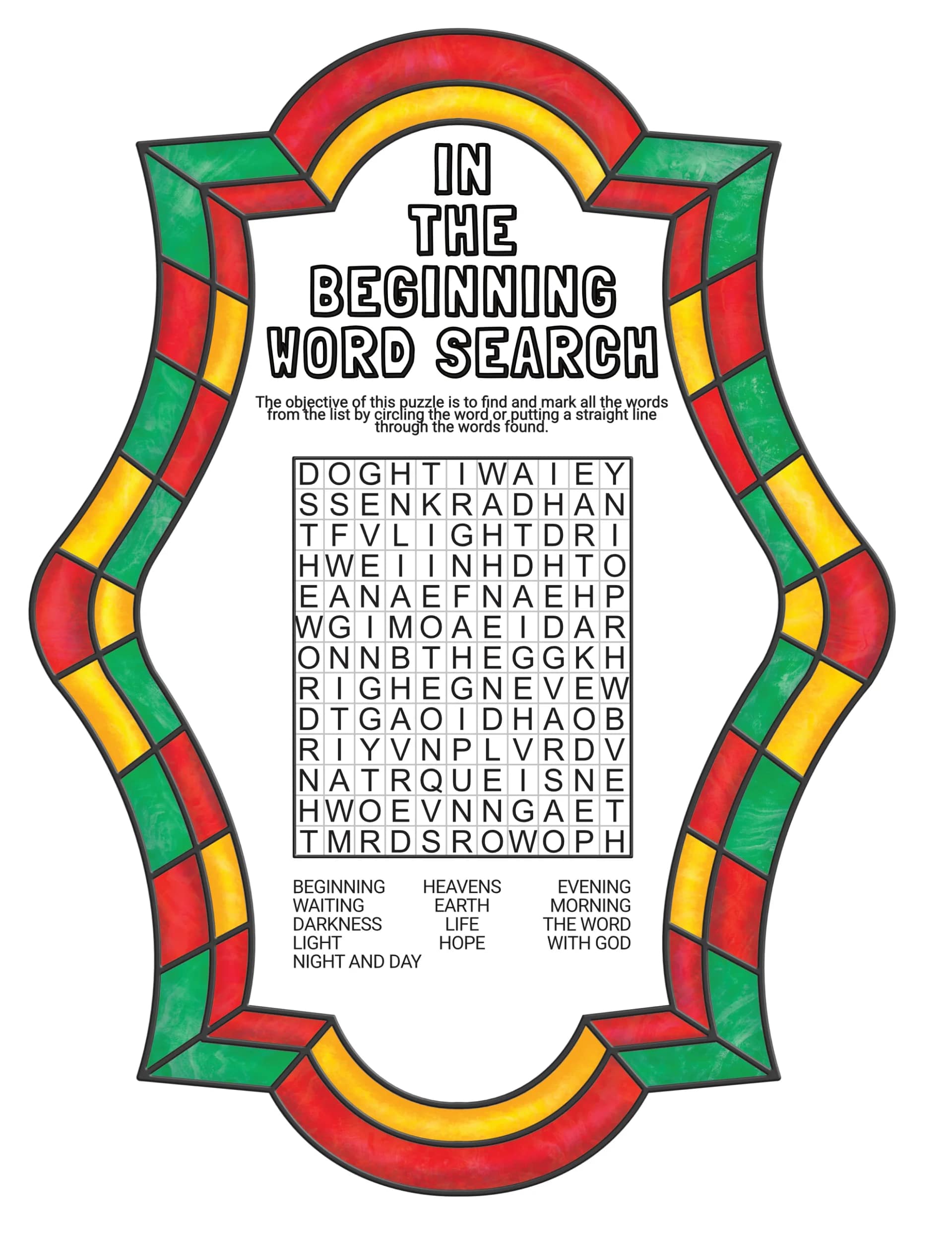 Home puzzle page example 1 showing a narrow stained glass inspired illustration with wavy edges in green, red and gold. A word search puzzle is centered and is titled "In the Beginning Word Search". The words to be found are listed below the rectangle of letters of the puzzle.