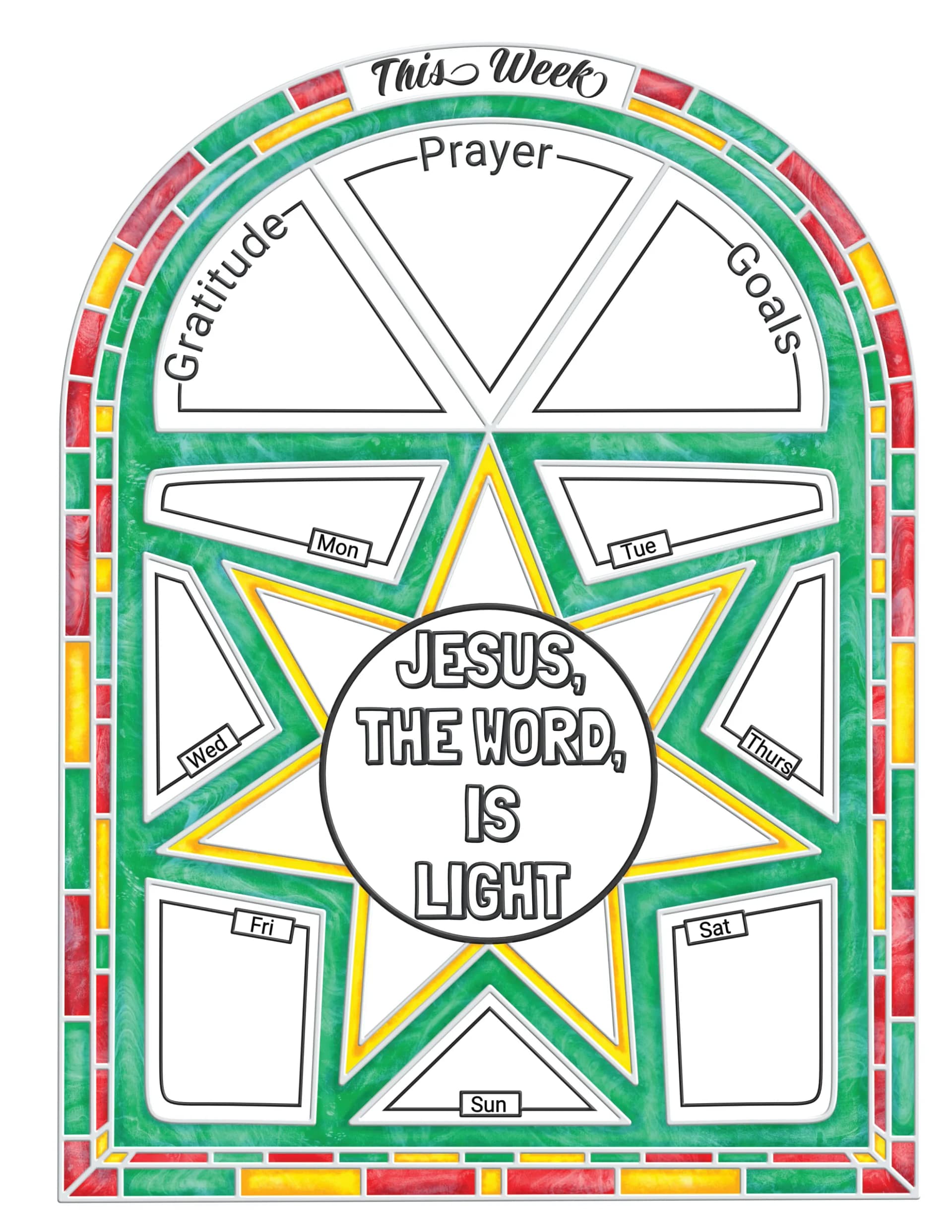 Home weekly planner example 1 shows an elaborate stained glass inspired frame that includes a star in the center. There is space to place gratitude, prayer, and goals along with daily space for to-dos. The colors are green, red, and gold with grey and black lines. The center features words from the daily reading that can be colored.